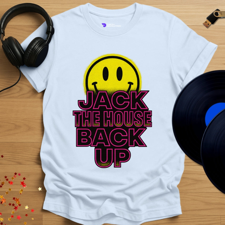 ‘Jack The House’ house music T-shirt in light blue, front view