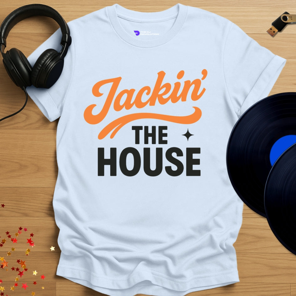 ‘Jackin The House’ house music T-shirt in light blue, front view