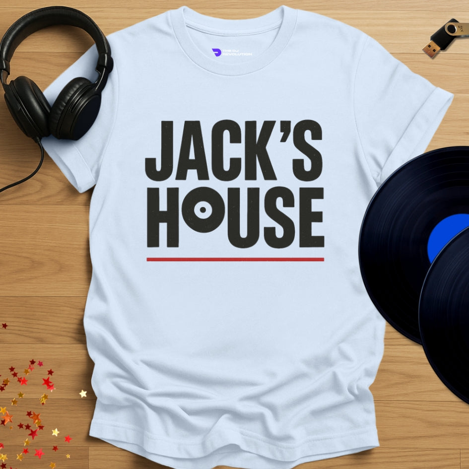 ‘Jack’s House’ house music T-shirt in light blue, front view