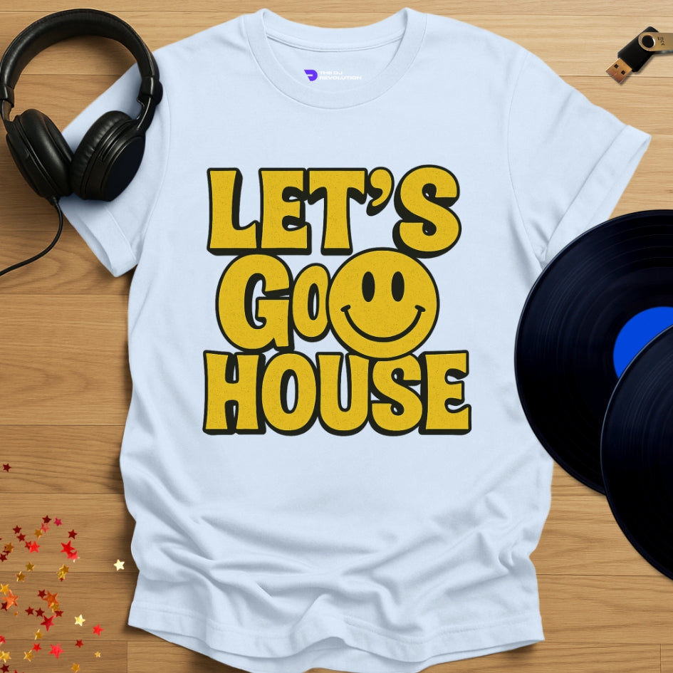 Let’s Go House’ house music T-shirt in light blue, front view