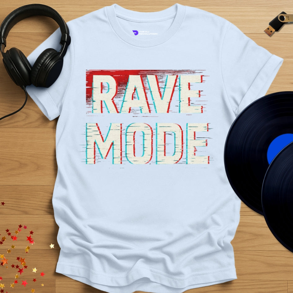 'Rave Mode', rave DJ T-shirt in light blue, front view