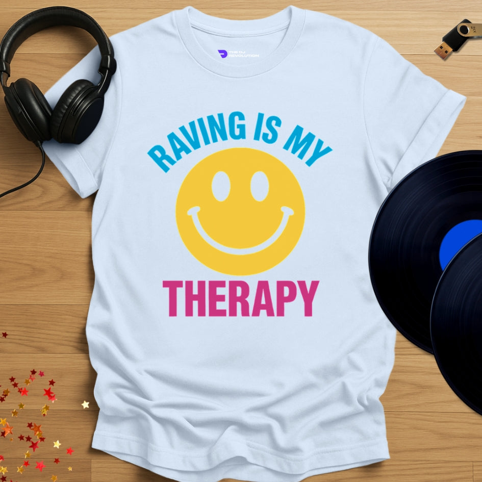 'Raving Is My Therapy', rave T-shirt in light blue, front view