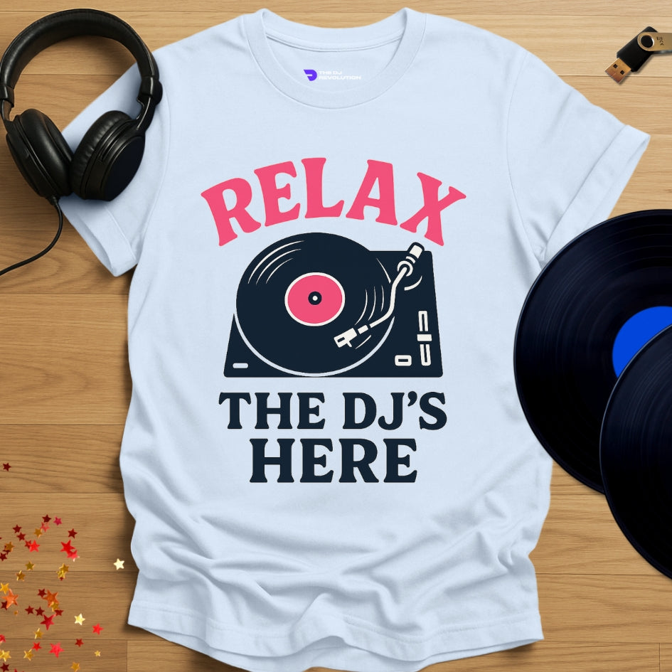 'Relax the DJs Here', funny DJ T-shirt in light blue, front view