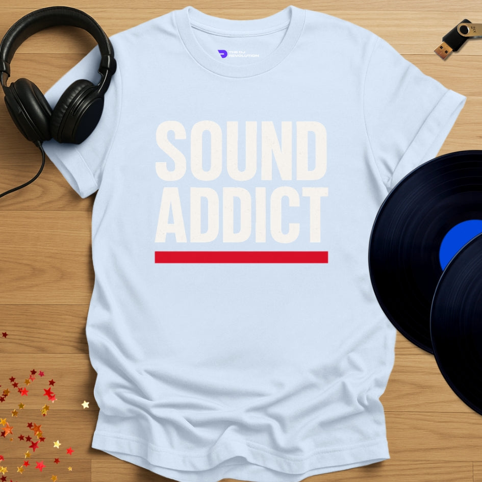 'Sound Addict', music lover DJ T-shirt in light blue, front view