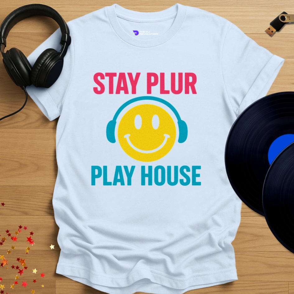 Stay PLUR house music T-shirt in light blue, front view