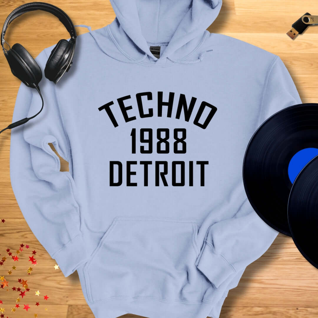 Unisex DJ Hoodie 'Detroit Techno 1988' design in light blue, front view