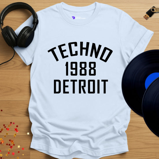 Detroit techno T-shirt, 'Detroit Techno 1988' design in light blue, front view