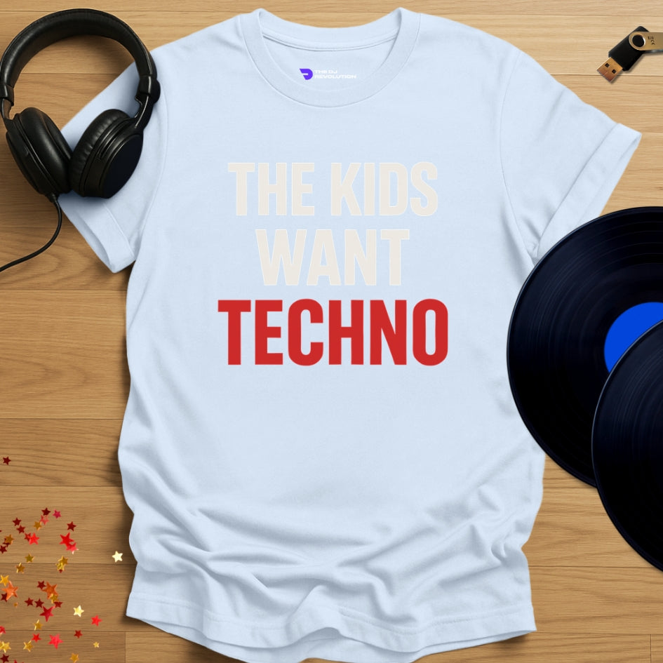 The Kids Want Techno T-shirt in light blue, front view