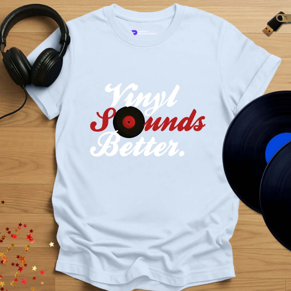 Vinyl DJ T-shirt, 'Vinyl Sounds Better' design in light blue, front view