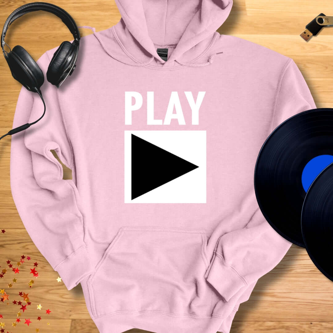 Unisex DJ Hoodie 'Play' design in light pink, front view