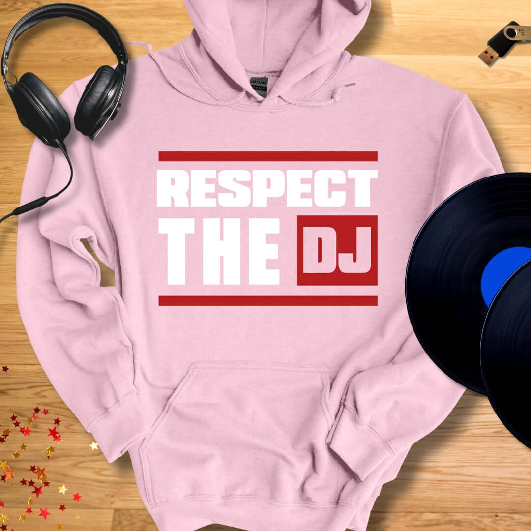 Unisex DJ Hoodie 'Respect The DJ' design in light pink, front view