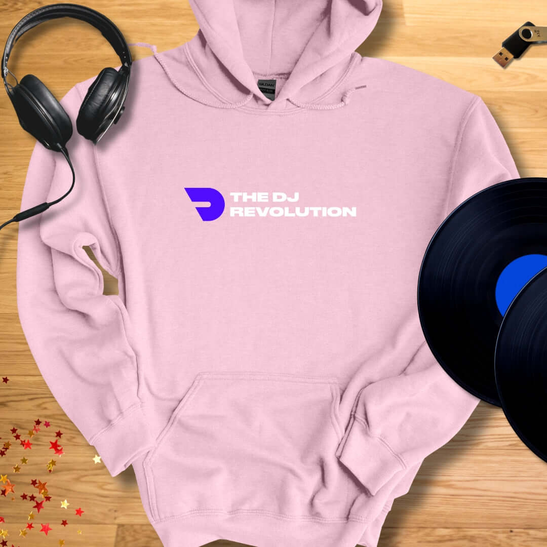 Unisex DJ Hoodie 'The DJ Revolution' design in light pink, front view