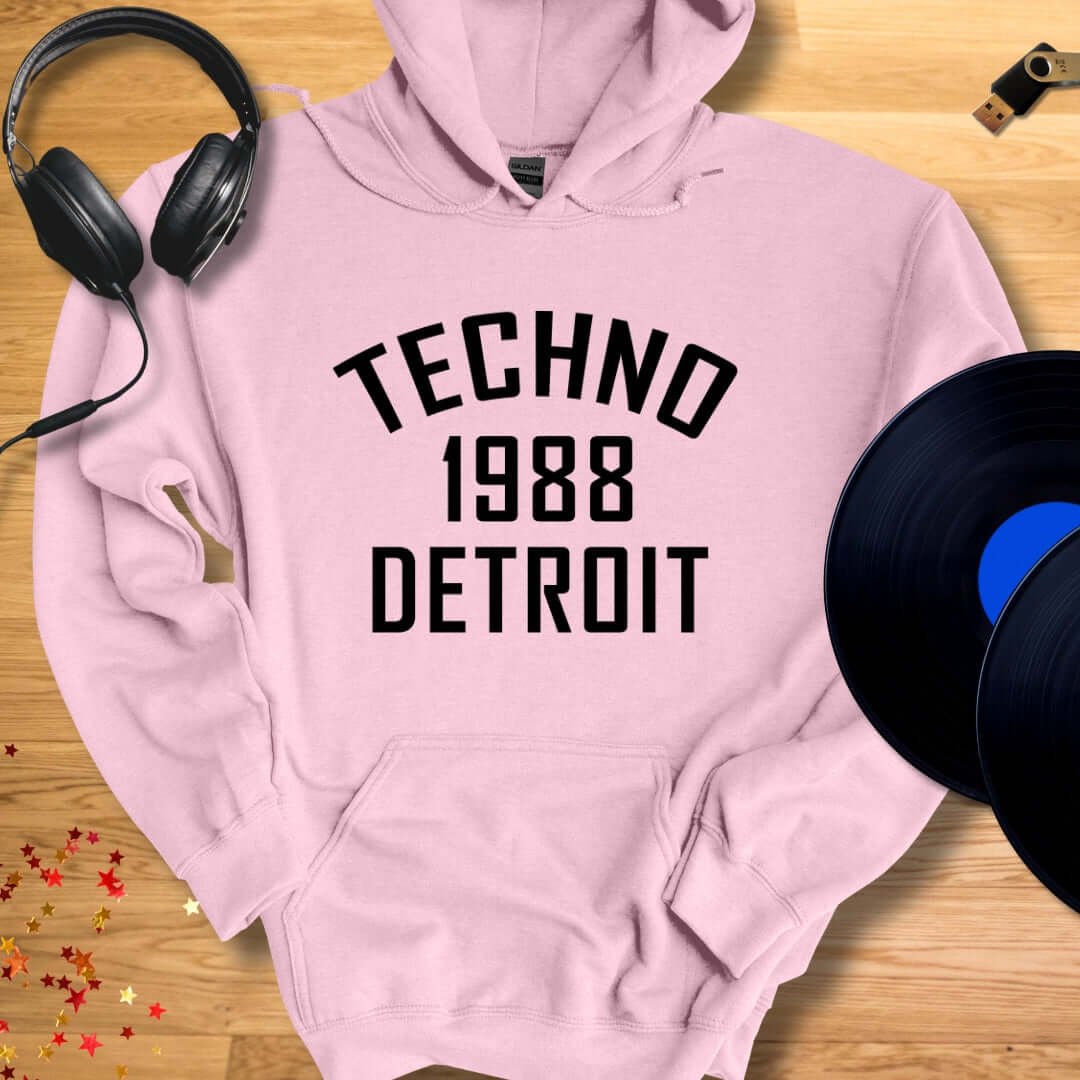 Unisex DJ Hoodie 'Detroit Techno 1988' design in light pink, front view