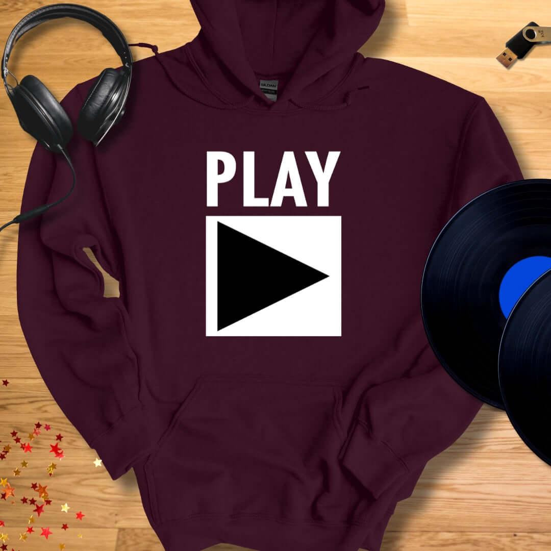 Unisex DJ Hoodie 'Play' design in maroon, front view