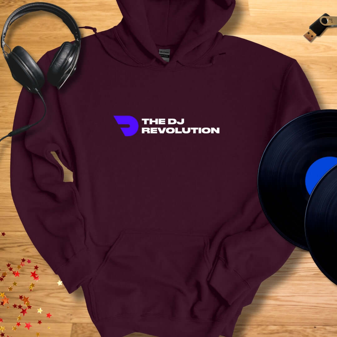 Unisex DJ Hoodie 'The DJ Revolution' design in maroon, front view