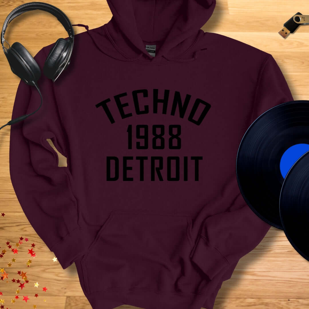 Unisex DJ Hoodie 'Detroit Techno 1988' design in maroon, front view