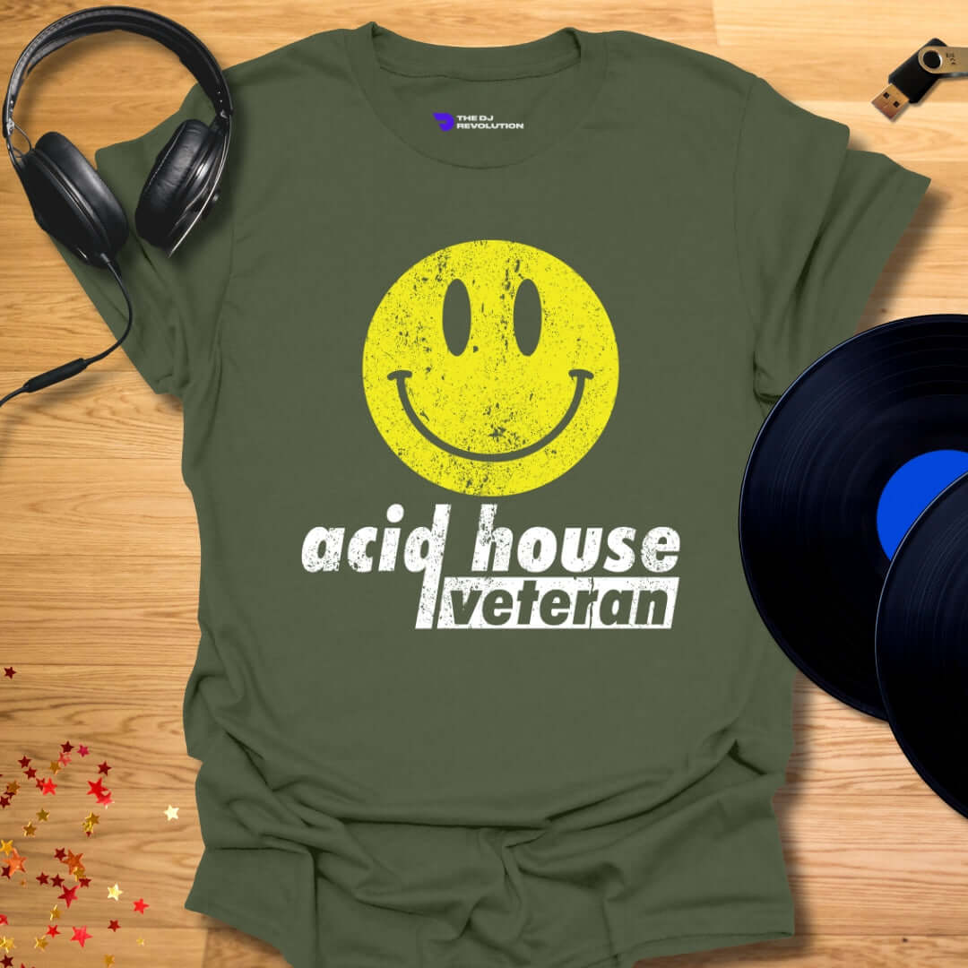 Unisex acid house T-shirt, 'Acid House Veteran' design in military green, front view