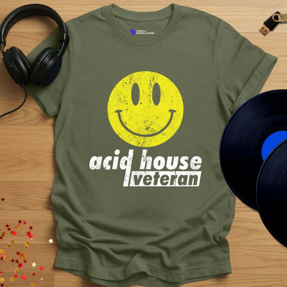 Unisex acid house T-shirt, 'Acid House Veteran' design in military green, front view