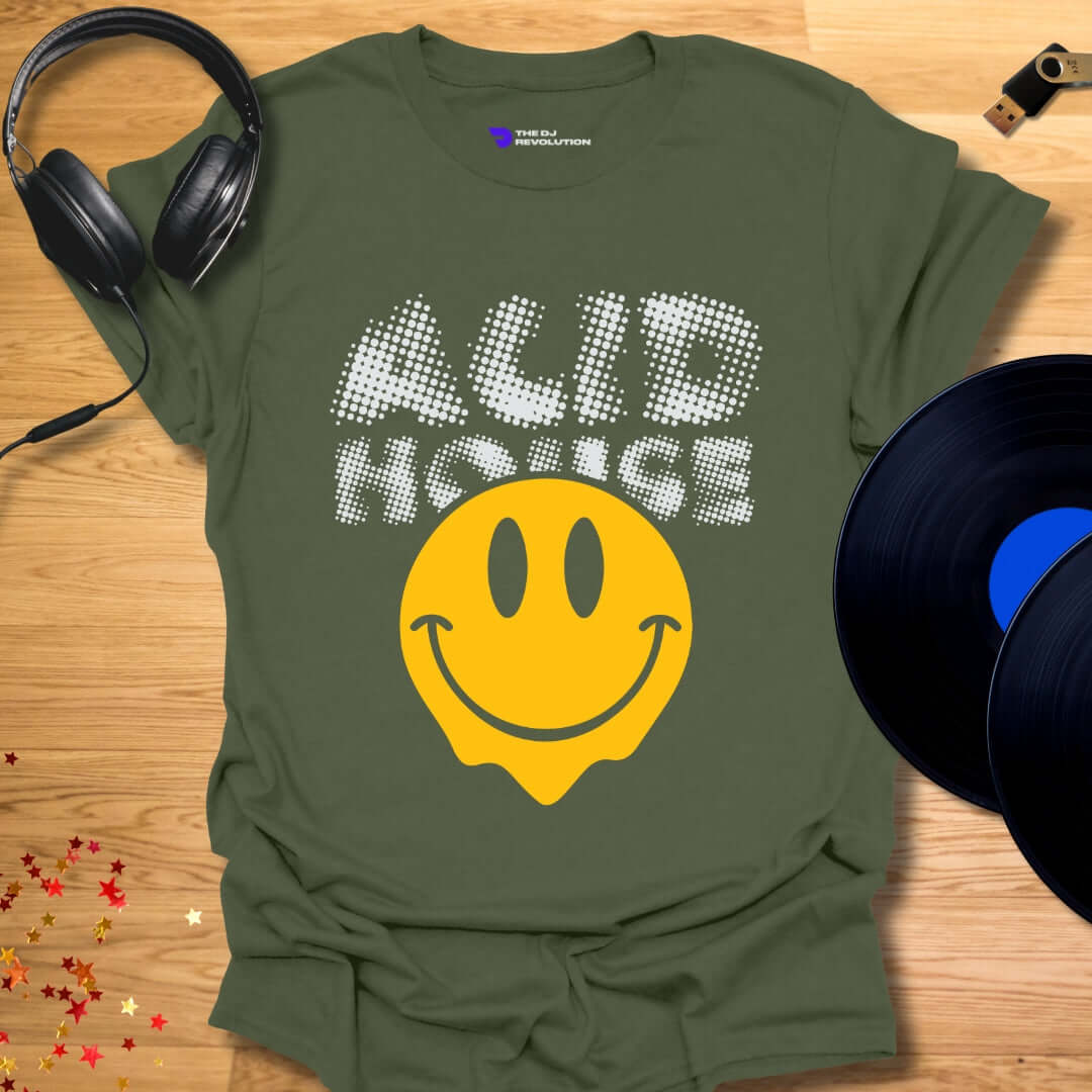 Unisex Acid House T-shirt, smiley face design in military green, front view