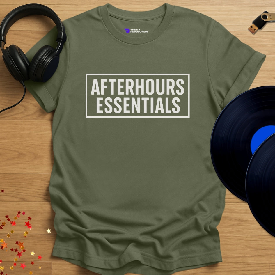 Afterhours Essentials house music T-shirt in military green, front view