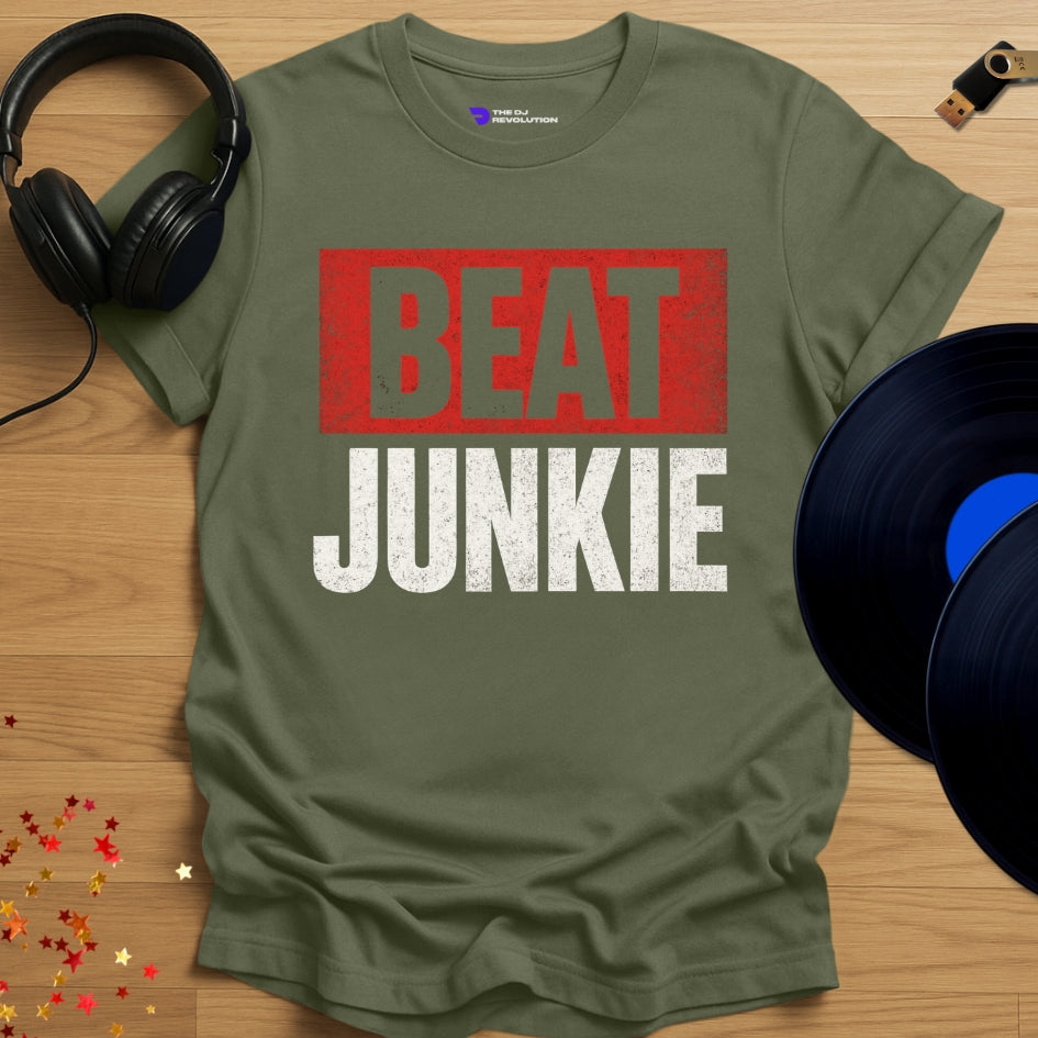 'Beat Junkie' DJ producer T-shirt in military green, front view