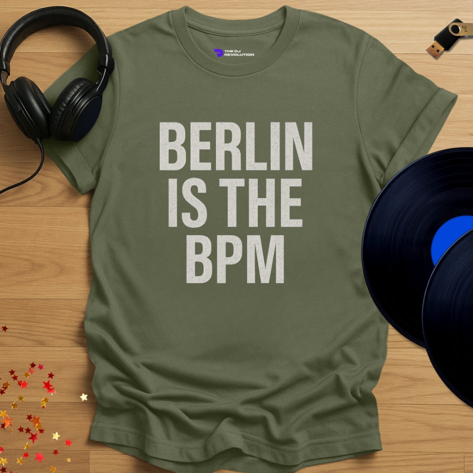 Berlin Is The BPM Techno T-shirt in military green, front view