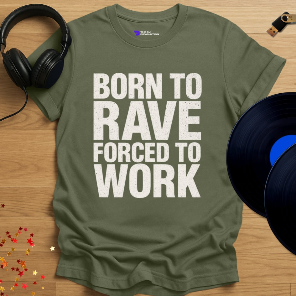 Born To Rave Techno T-shirt in military green, front view