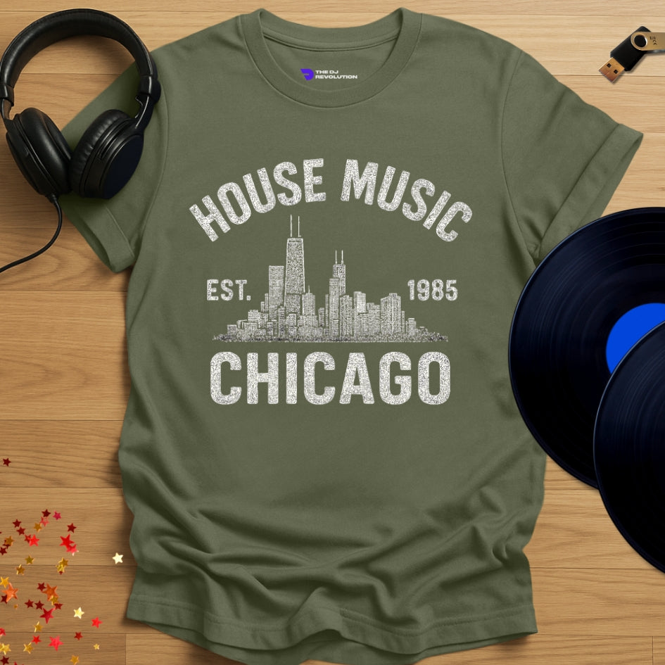 Chicago house music 1985 T-shirt in military green, front view