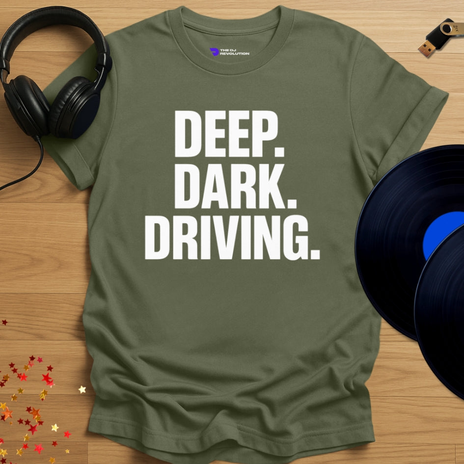 Deep Dark Driving Techno T-shirt in military green, front view