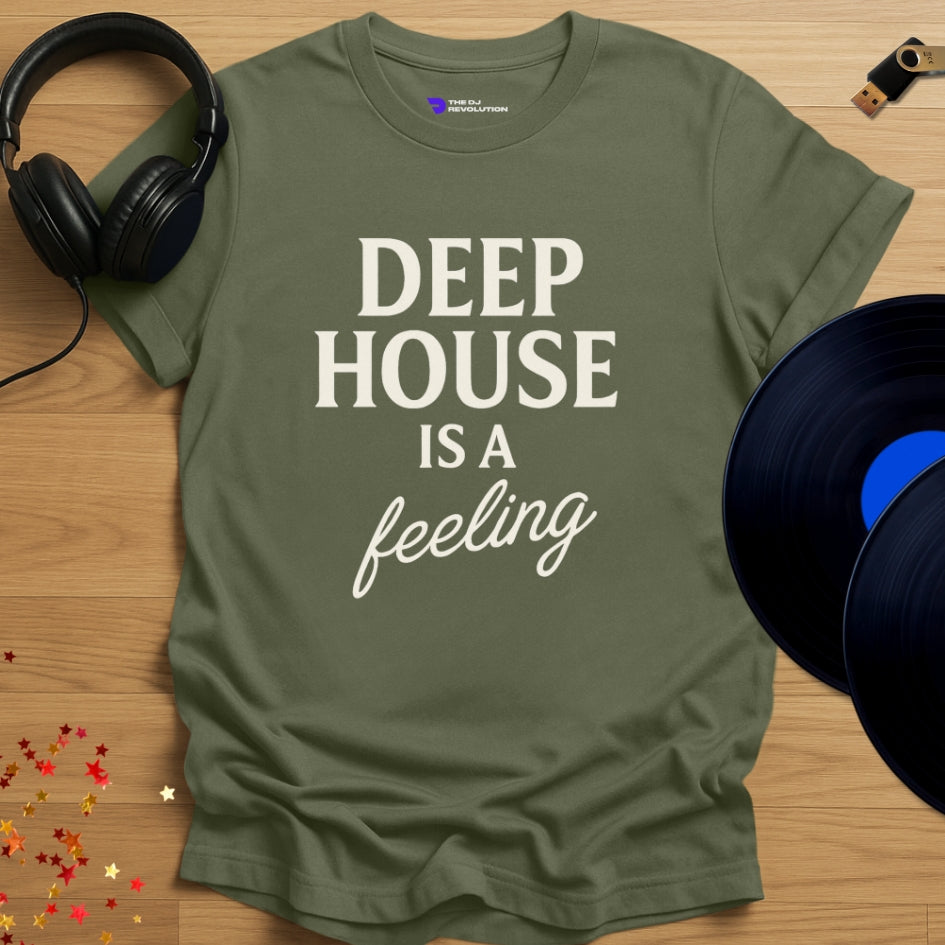 Deep House Is a Feeling house music T-shirt in military green, front view