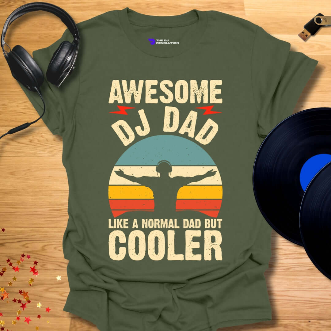 Unisex DJ T-shirt, 'Awesome DJ Dad' design in military green, front view