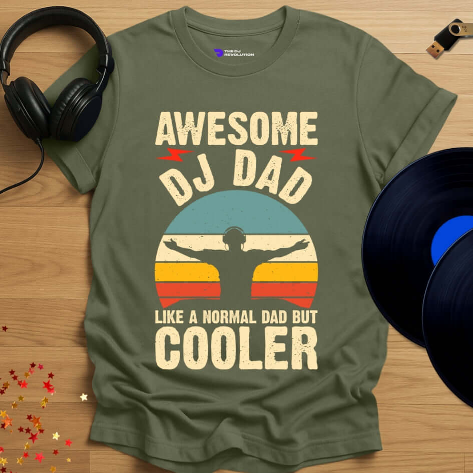 DJ T-shirt, 'Awesome DJ Dad' design in military green, front view