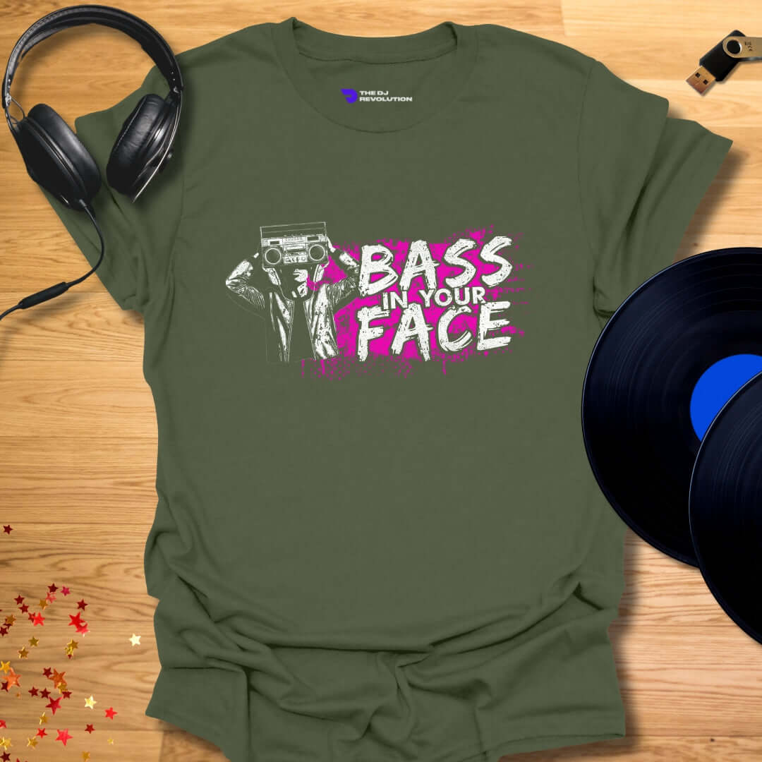 Unisex DJ T-shirt, 'Bass In Your Face' design in military green, front view