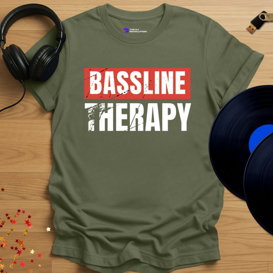 Rave DJ T-shirt, 'Bassline Therapy' design in military green, front view