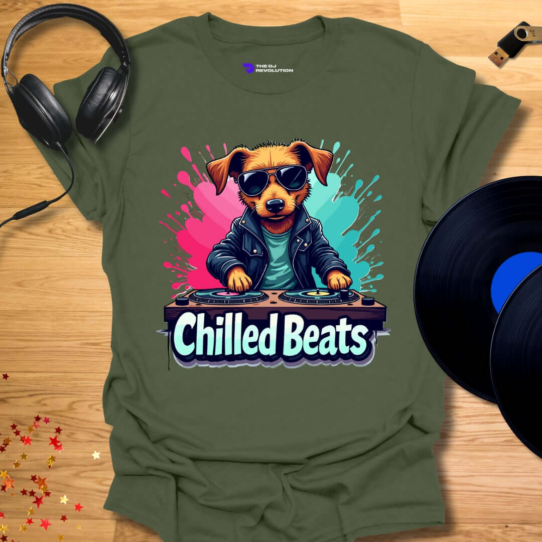 Unisex DJ T-shirt, 'Chilled Beats' dog design in military green, front view