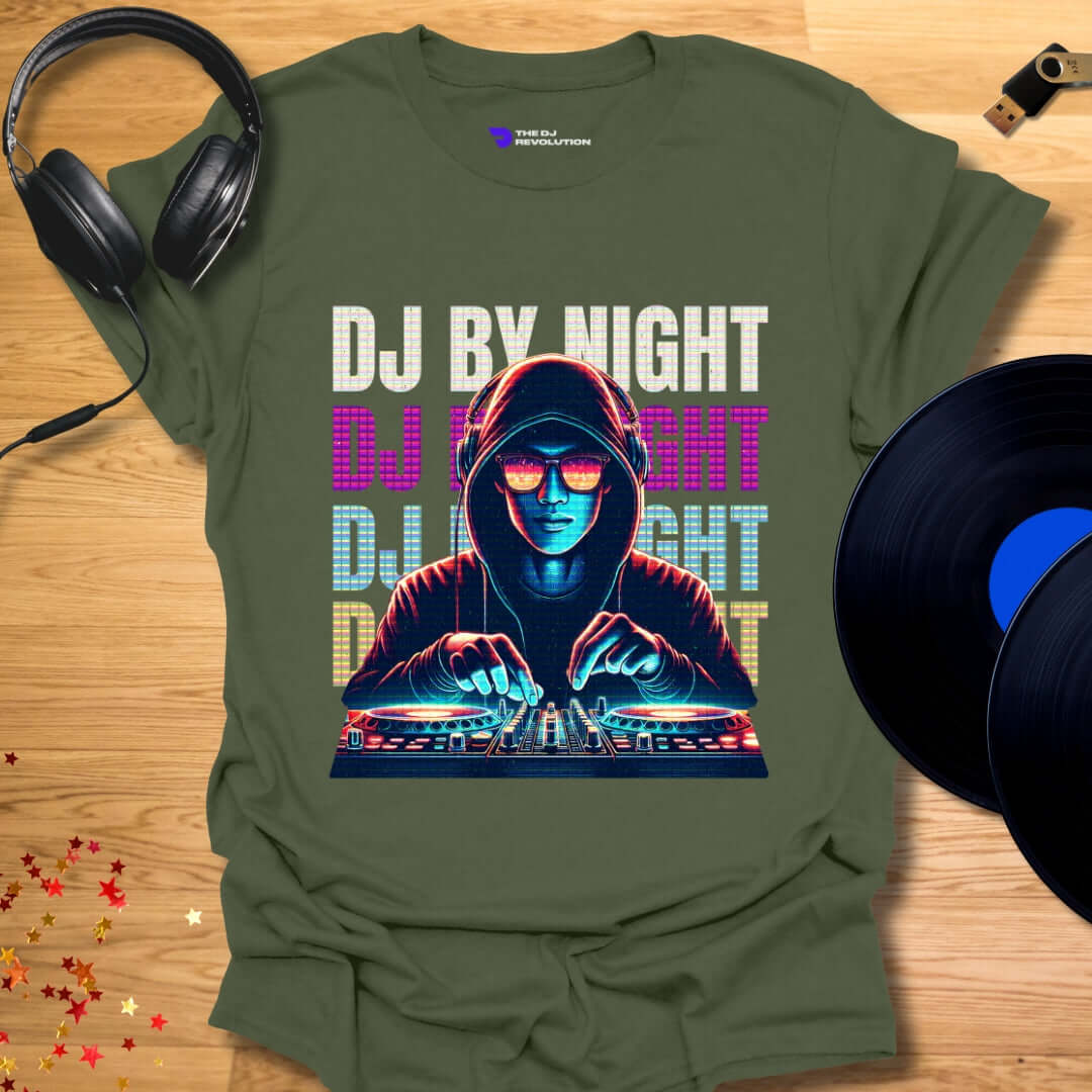 Unisex DJ T-shirt, 'DJ By Night' design in military green, front view