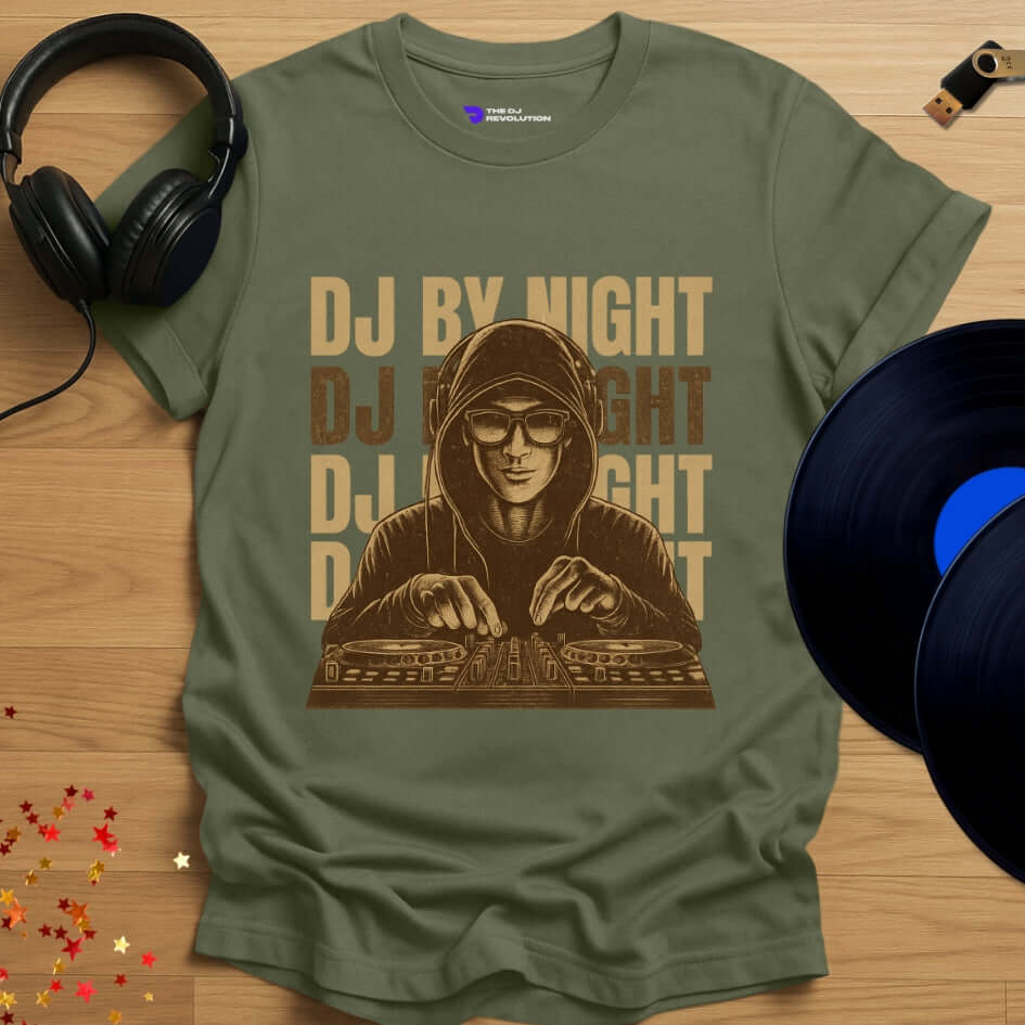 Unisex DJ T-shirt, 'DJ By Night' design in military green, front view