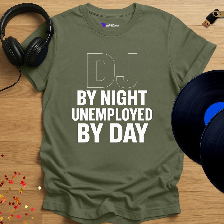 'DJ By Night', funny DJ T-shirt in military green, front view