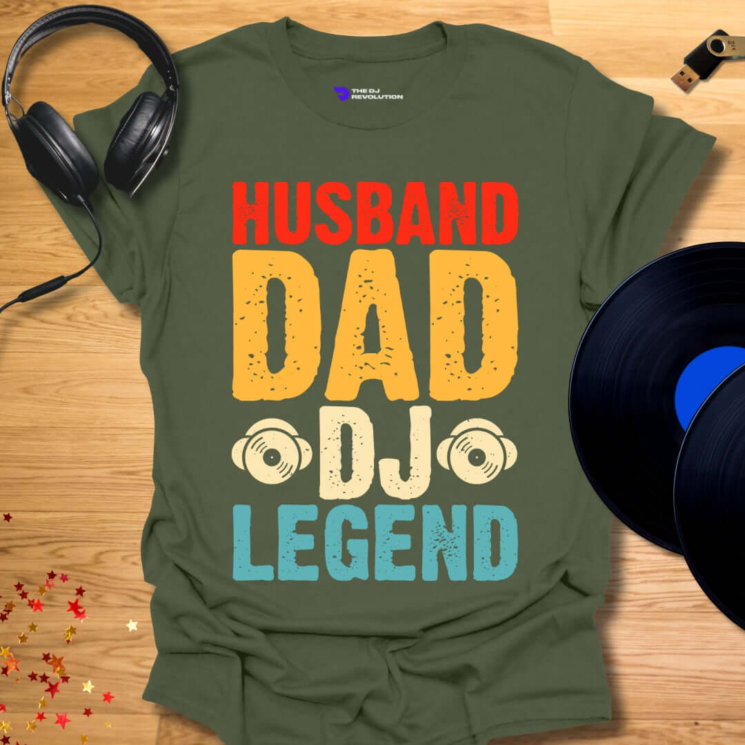 Funny DJ T-shirt, 'Husband DJ Legend' design in military green, front view