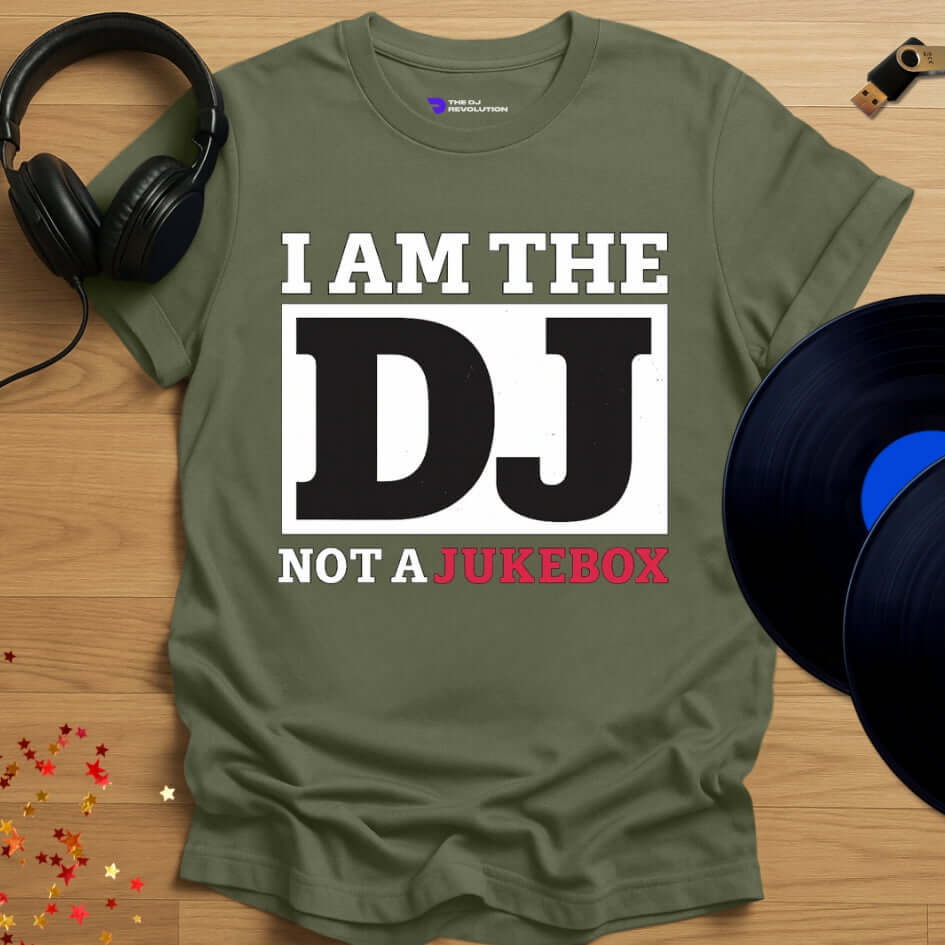 Funny DJ T-shirt, 'I’m Not A Jukebox' design in military green, front view