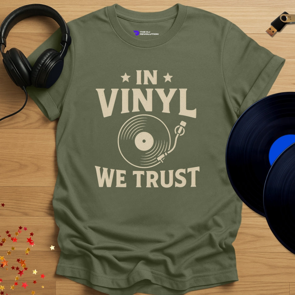 Vinyl DJ T-shirt, 'In Vinyl We Trust' design in military green, front view