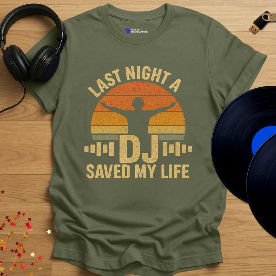 'Last Night A DJ Saved My Life' t-shirt in military green, front view