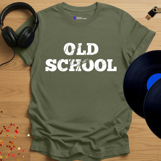 Unisex DJ T-shirt, 'Old School' design in military green, front view