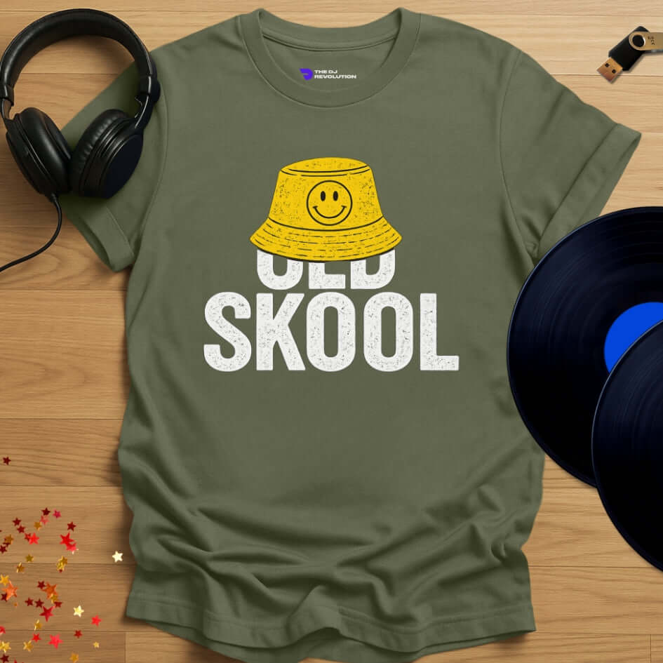 Rave DJ T-shirt, 'Old Skool Lover' design in military green, front view