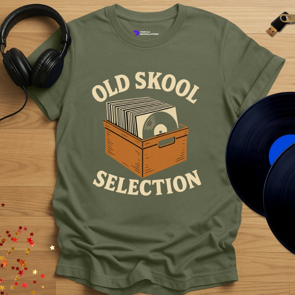 Vinyl DJ T-shirt, 'Old Skool Selection' design in military green, front view
