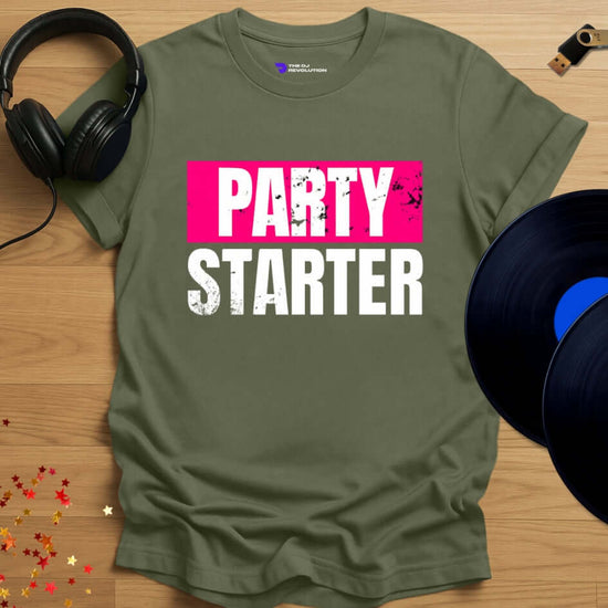 Unisex DJ T-shirt, 'Party Starter' design in military green, front view
