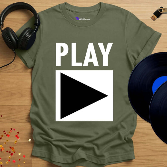 Unisex DJ T-shirt, 'Play' design in military green, front view
