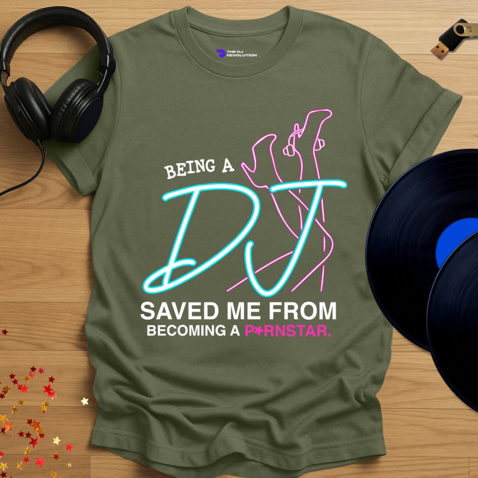 Funny DJ T-shirt, 'Pornstar DJ' design in military green, front view