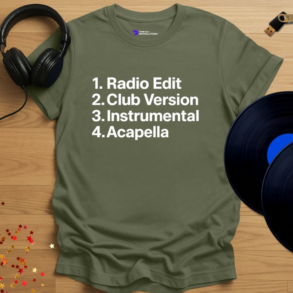Unisex DJ T-shirt, 'Radio Edit Club Version’ design in military green, front view