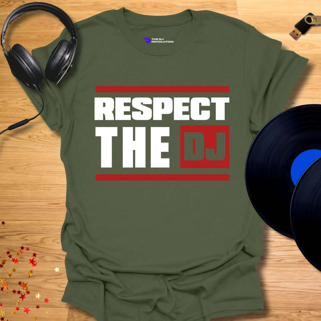 Unisex DJ T-shirt, 'Respect The DJ' design in military green, front view